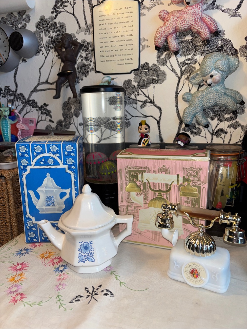 NIB VINTAGE AVON FRENCH TELEPHONE, AND CHINA TEAPOT CANDLE HOLDER SET.
